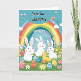Tarjeta Festiva Conejos orientales de arcoíris y feliz Pascua