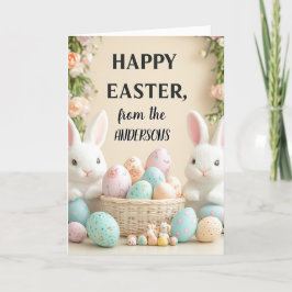 Tarjeta Festiva Conejos y huevos felices de Pascua de pastel