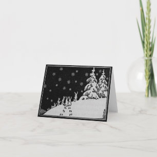 Tarjeta Festiva Conejos y ilustracion del invierno del árbol de