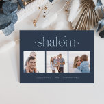 Tarjeta Festiva Conexión estriada | Collage de fotos Hanukkah<br><div class="desc">Envíe saludos de Hanukkah a amigos y familiares en estilo moda con nuestras elegantes tarjetas de fotos. Diseñada para acomodar tres de tus fotos cuadradas favoritas dispuestas una al lado de la otra en formato de collage, la tarjeta muestra el saludo de tu personalizado (mostrado con "Hanukkah alegre") y el(los)...</div>