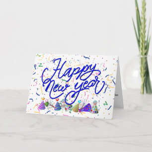 Tarjeta Festiva Confeti y Sombreros de Fiesta Feliz Año Nuevo