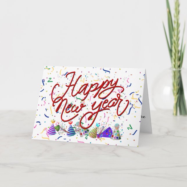 Tarjeta Festiva Confetti, Gorras Fiestas, feliz Año Nuevo (Anverso)
