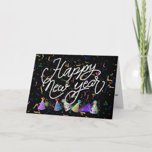 Tarjeta Festiva Confetti y Gorras Fiestas Feliz Año Nuevo