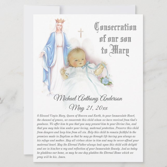 Tarjeta Festiva Consecración de nuestra bebé hijo Bendita Virgen M (Anverso)