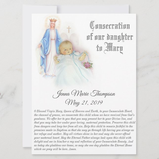 Tarjeta Festiva Consecración de nuestra bebé hijo Bendita Virgen M (Anverso)