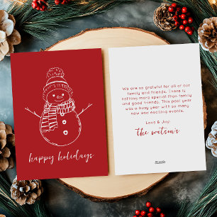 Tarjeta Festiva Contorno de muñeco de nieve simple rojo brillante 