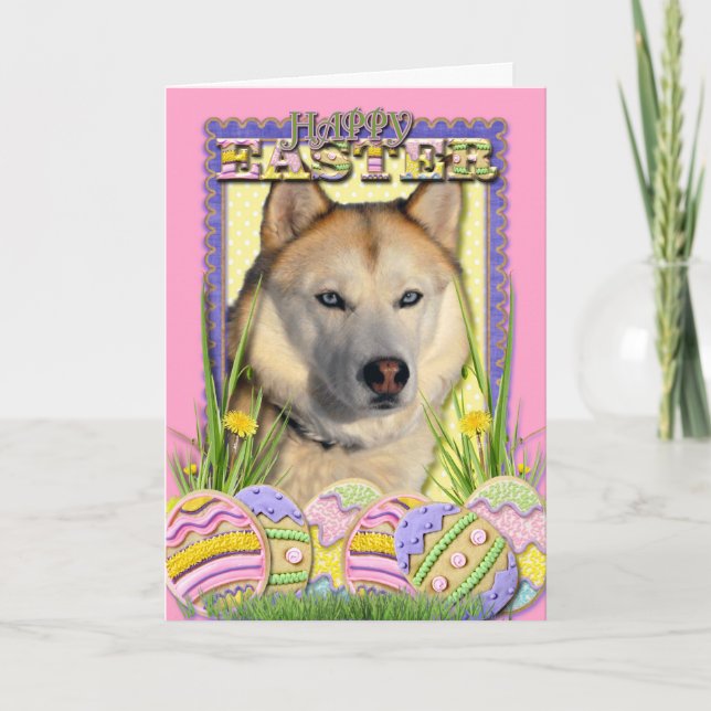 Tarjeta Festiva Cookies de Huevo de Pascua - Cobre Husky Siberiano (Anverso)
