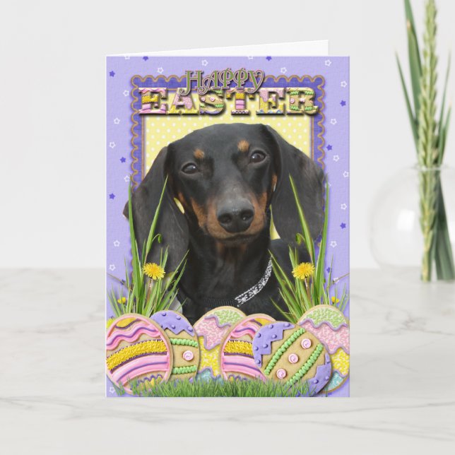 Tarjeta Festiva Cookies de Huevo de Pascua - Dachshund (Anverso)