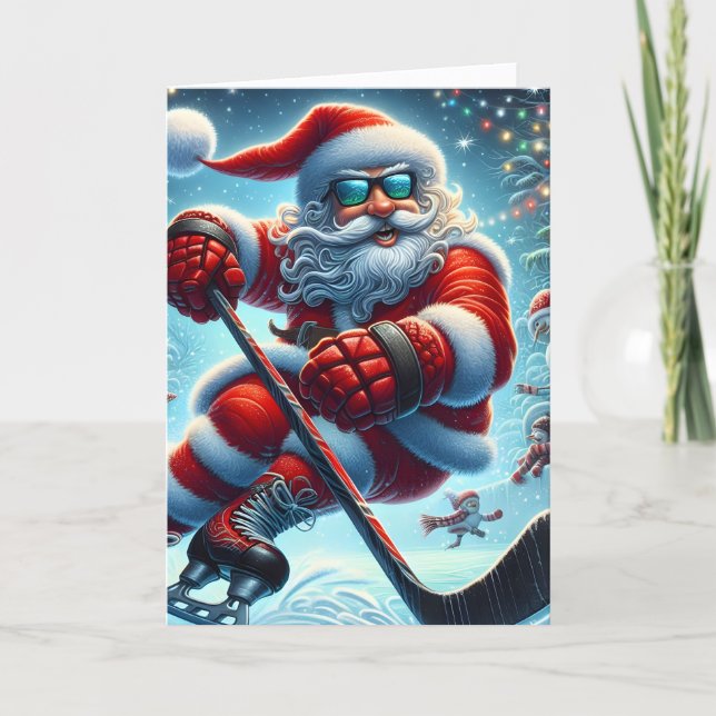 Tarjeta Festiva Cool Hockey Playing Santa Christmas (Anverso)