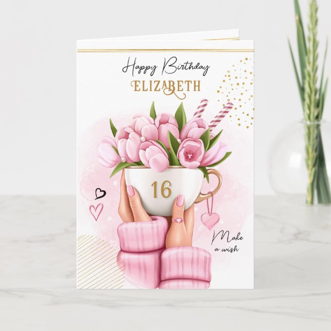 Tarjeta Festiva Copa de café de primavera con flores feliz cumplea (Anverso)