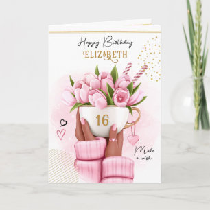 Tarjeta Festiva Copa de café de primavera con Tulips feliz cumplea
