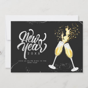 Tarjeta Festiva Copa de vino negro dorado champán Confeti Moderno