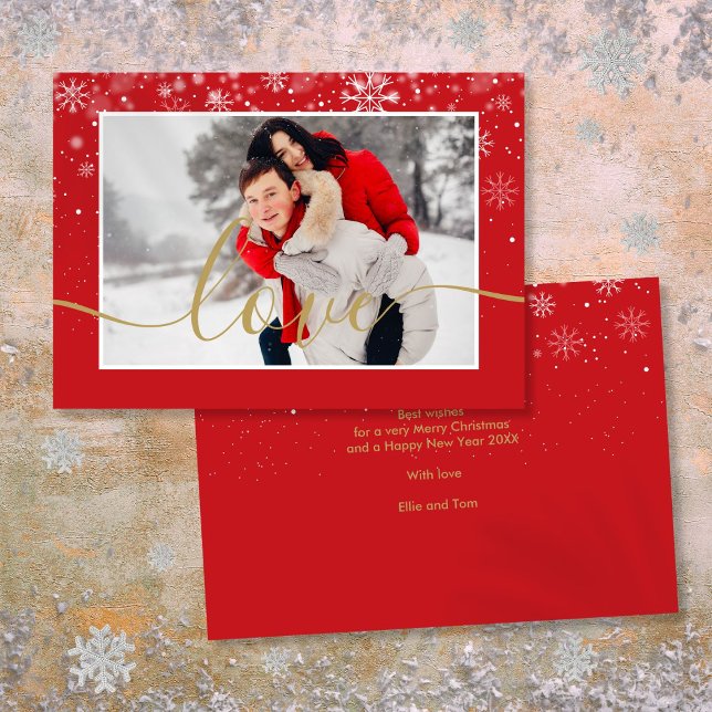Tarjeta Festiva Copia de copos de nieve dorados con letra moderna  (Modern Photo Snowflakes Gold Love Script Holiday Card)