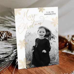 Tarjeta Festiva Copia de foto elegante copos de nieve dorados 2