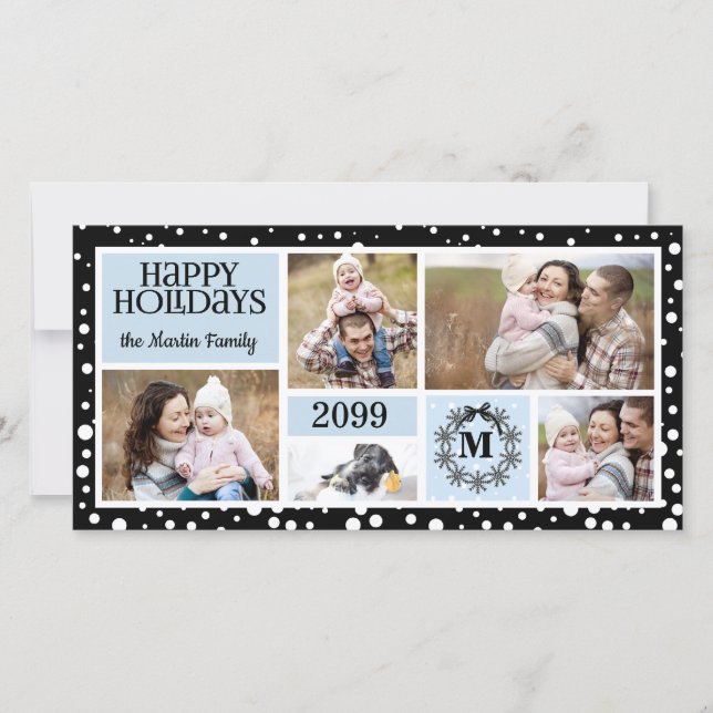 Tarjeta Festiva Copo de nieve azul y negro monogramado (Anverso)