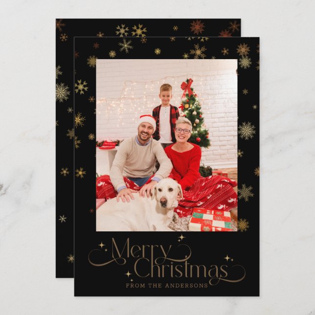 Tarjeta Festiva Copo De Nieve De Oro En Foto De Navidades De Fondo (Anverso / Reverso)