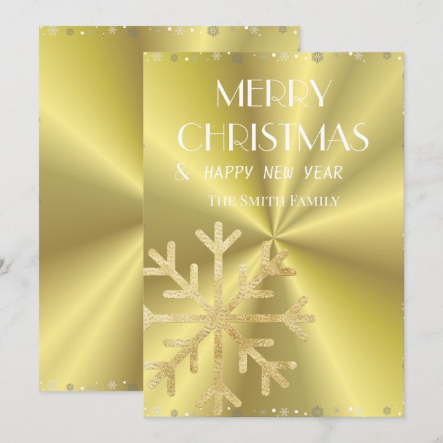 Tarjeta Festiva Copo de nieve dorado y fondo elegante dorado (Anverso / Reverso)