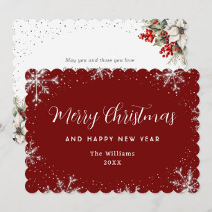 Tarjeta Festiva Copo de Nieve Elegante Rojo Plateado Botánico