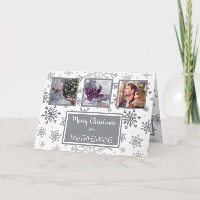 Tarjeta Festiva Copo de nieve gris plateado 3 Collage de fotos per (Anverso)