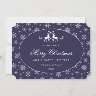 Tarjeta Festiva Copo de Nieve Moderno Reno Azul Blanco