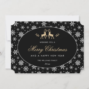 Tarjeta Festiva Copo de Nieve Moderno Reno Negro Blanco Dorado