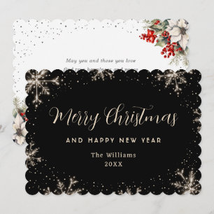 Tarjeta Festiva Copo de Nieve Negro Botánico Elegante