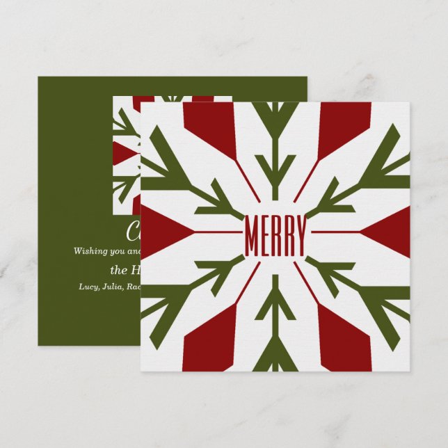 Tarjeta Festiva Copo de nieve verde y rojo con MERRY Textos (Anverso / Reverso)