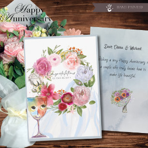 Tarjeta Festiva Copo de Vino y Corona Floral Boda Aniversario