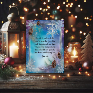 Tarjeta Festiva Copos de nieve acuarela azul John 3:16 Cristiano