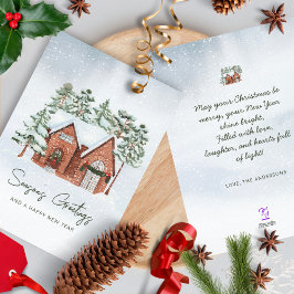 Tarjeta Festiva Copos de nieve acuarela Navidades nórdicos pinos