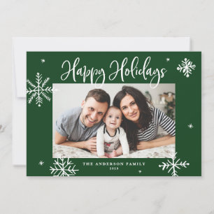Tarjeta Festiva Copos de nieve caprichosos Verde Felices Fiestas F