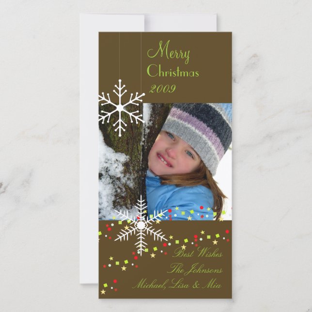 Tarjeta Festiva Copos de nieve ~ chocolate negro, navidades verdes (Anverso)