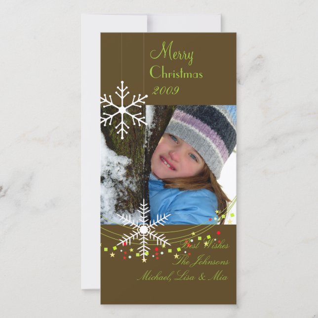 Tarjeta Festiva Copos de nieve ~ chocolate negro, navidades verdes (Anverso)