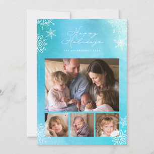 Tarjeta Festiva Copos de Nieve de Acuarela Azul Felices Fiestas Fo
