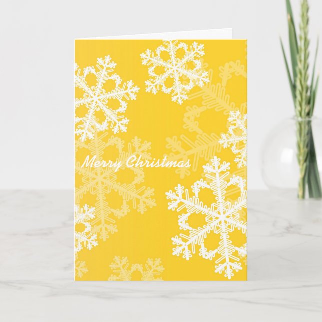 Tarjeta Festiva Copos de nieve de Navidades blancos y amarillos (Anverso)