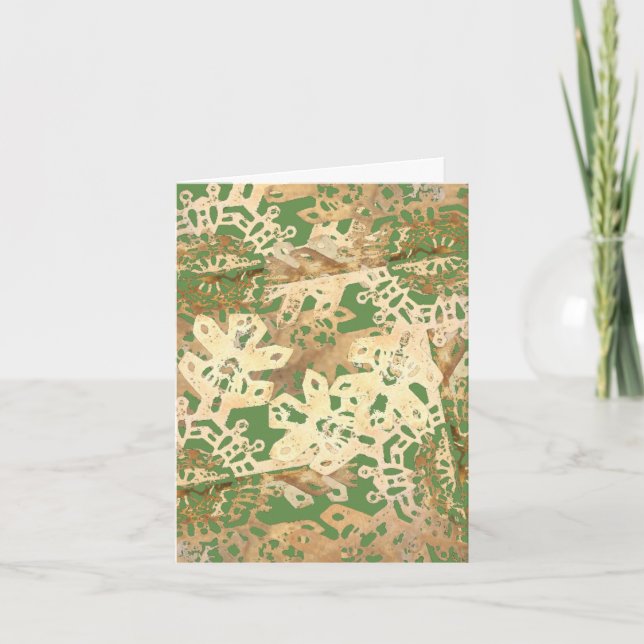 Tarjeta Festiva Copos de nieve de oro en verde (Anverso)