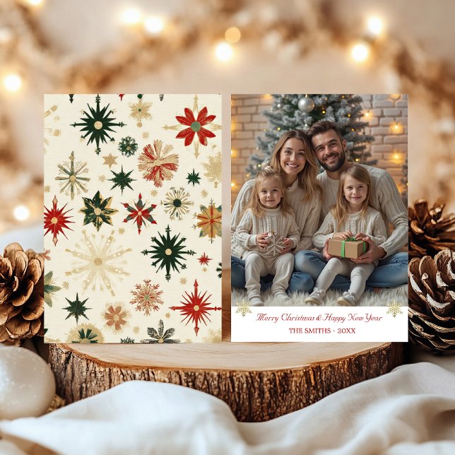 Tarjeta Festiva Copos de nieve de oro moderno una foto (Modern Gold Snowflakes one photo Holiday Card)