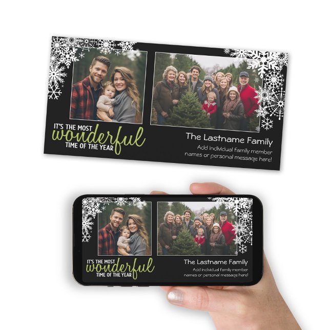 Tarjeta Festiva Copos de nieve de vacaciones con 2 fotos horizonta (A photo card with a Christmas theme. Add 2 photos and greeting. Download option available.)