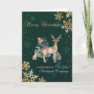 Tarjeta Festiva Copos de nieve dorados, árbol de pino, Reno