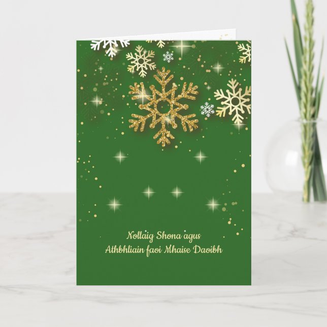 Tarjeta Festiva Copos de nieve dorados sobre Navidades irlandeses  (Anverso)
