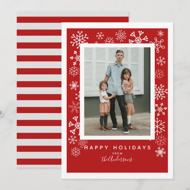 Tarjeta Festiva Copos de nieve en Navidades de fotos rojas soltero (Anverso / Reverso)