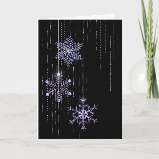 Tarjeta Festiva Copos de nieve morados de vacaciones y diamantes (Anverso)