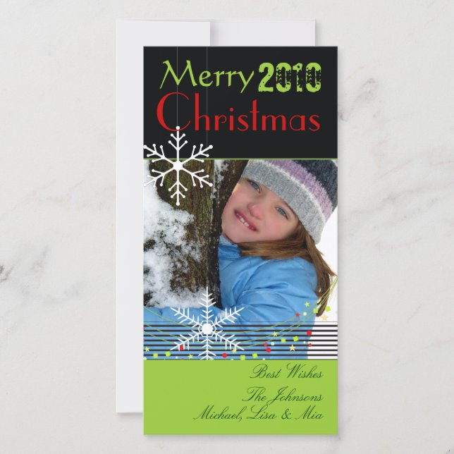 Tarjeta Festiva Copos de nieve ~ navidades negros y blancos, guarn (Anverso)