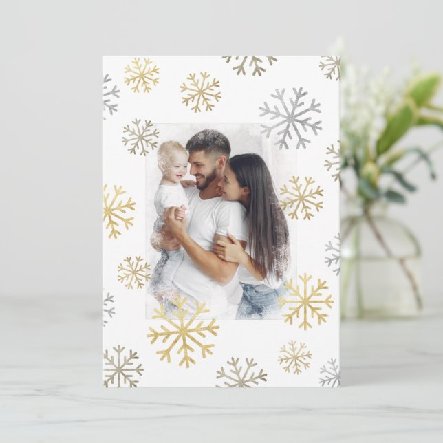 Tarjeta Festiva Copos de nieve Photo Gold Silver Script de vacacio (Anverso de pie)