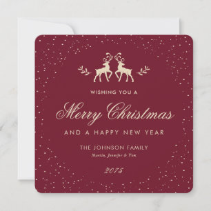 Tarjeta Festiva Copos de Nieve Reno Elegante Rojo