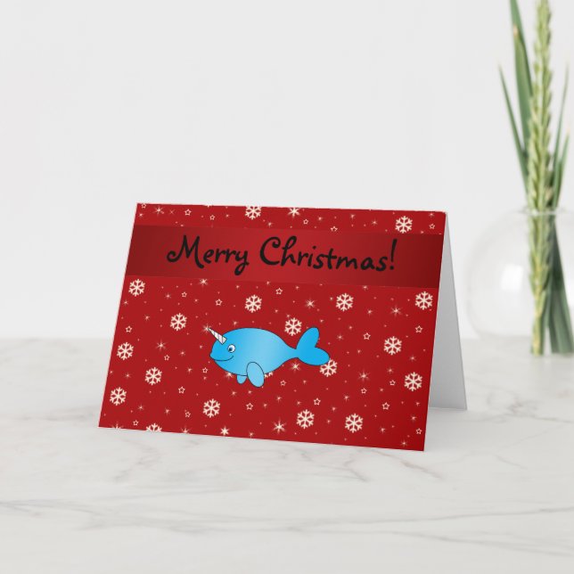 Tarjeta Festiva Copos de nieve rojos narwhal conocidos (Anverso)