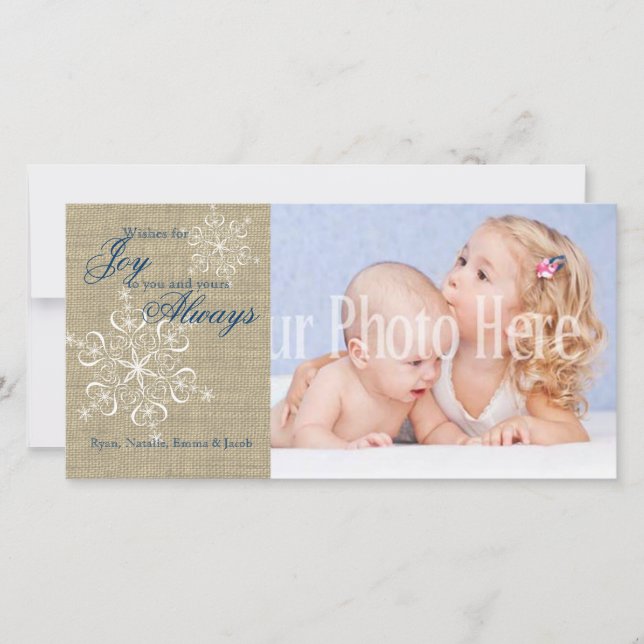 Tarjeta Festiva Copos de Nieve Rústicos y Arpillera (Anverso)