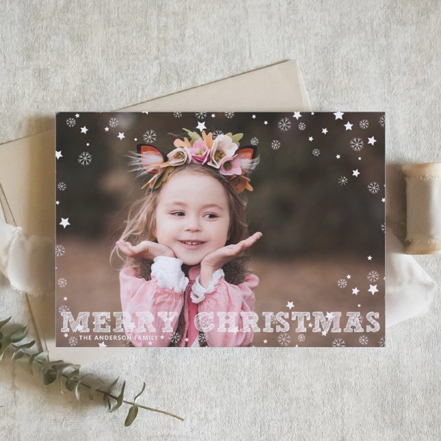 Tarjeta Festiva Copos de nieve superponen foto navideña de Feliz (Subido por el creador)