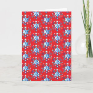 Tarjeta Festiva Copos de nieve y estrellas rojas y azules de fiest