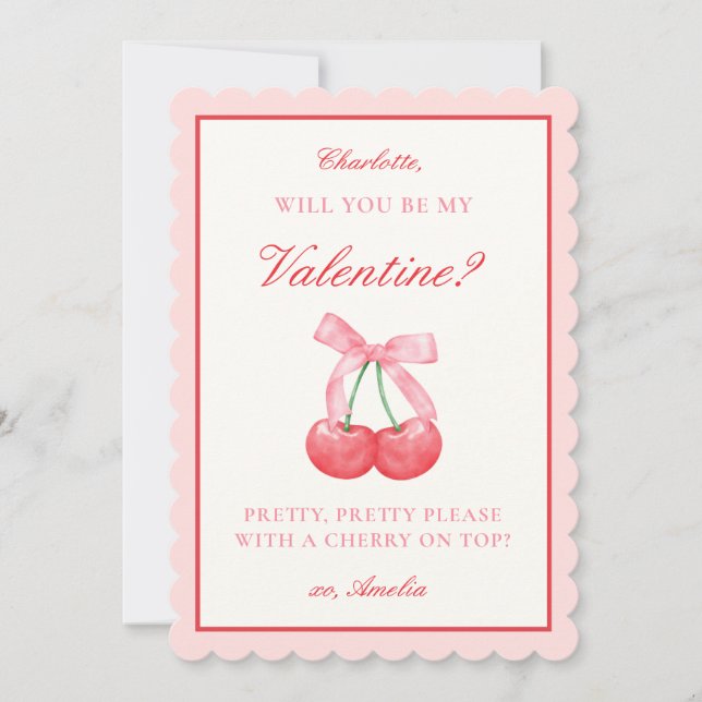 Tarjeta Festiva Coquette Cherry & Bow Valentines o Galentines Day (Anverso)